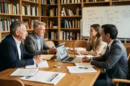 Groupe de professionnels réunis autour d'une table de conférence pour discuter de partenariats entre sciences et société