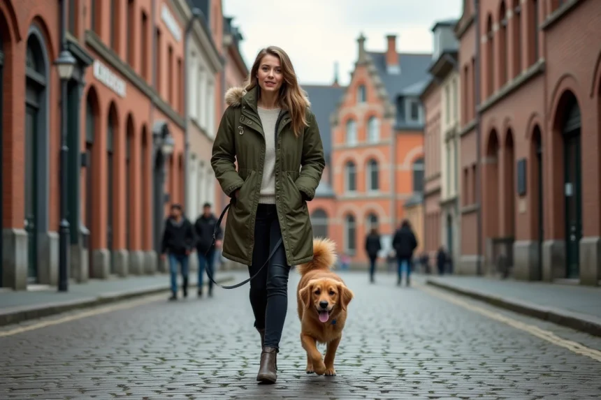 Femme promenant son golden retriever sur les pavés du vieux Lille avec façades flamandes en arrière-plan