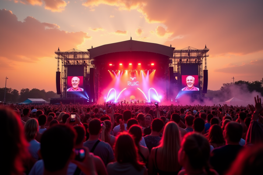 Foule enthousiaste lors d'un festival en plein air au coucher du soleil
