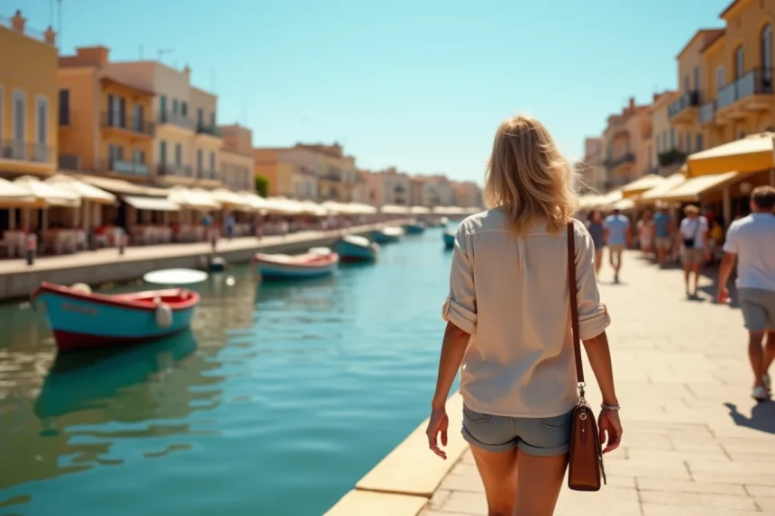 Promenade sur les quais de Sète, ville de tournage de la série Demain nous appartient, avec ses bateaux colorés et ses bâtiments en pierre ocre