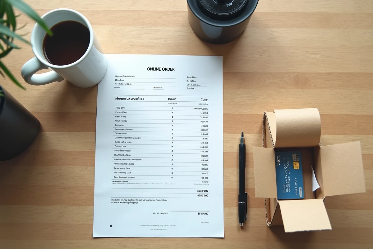 Vue de dessus d'un reçu de commande en ligne, carte bancaire et colis ouvert sur un bureau en bois évoquant la méfiance envers un site e-commerce