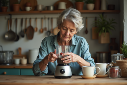 Femme réparant un blender dans la cuisine à la maison