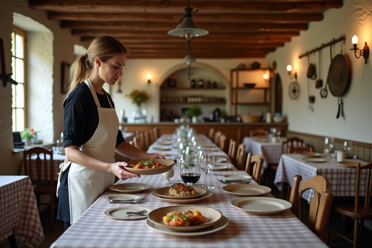 Intérieur chaleureux d'un restaurant de village en Seine-et-Marne avec service d'un plat régional sur table en bois