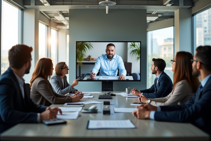 Groupe de professionnels en visioconference dans un bureau lumineux
