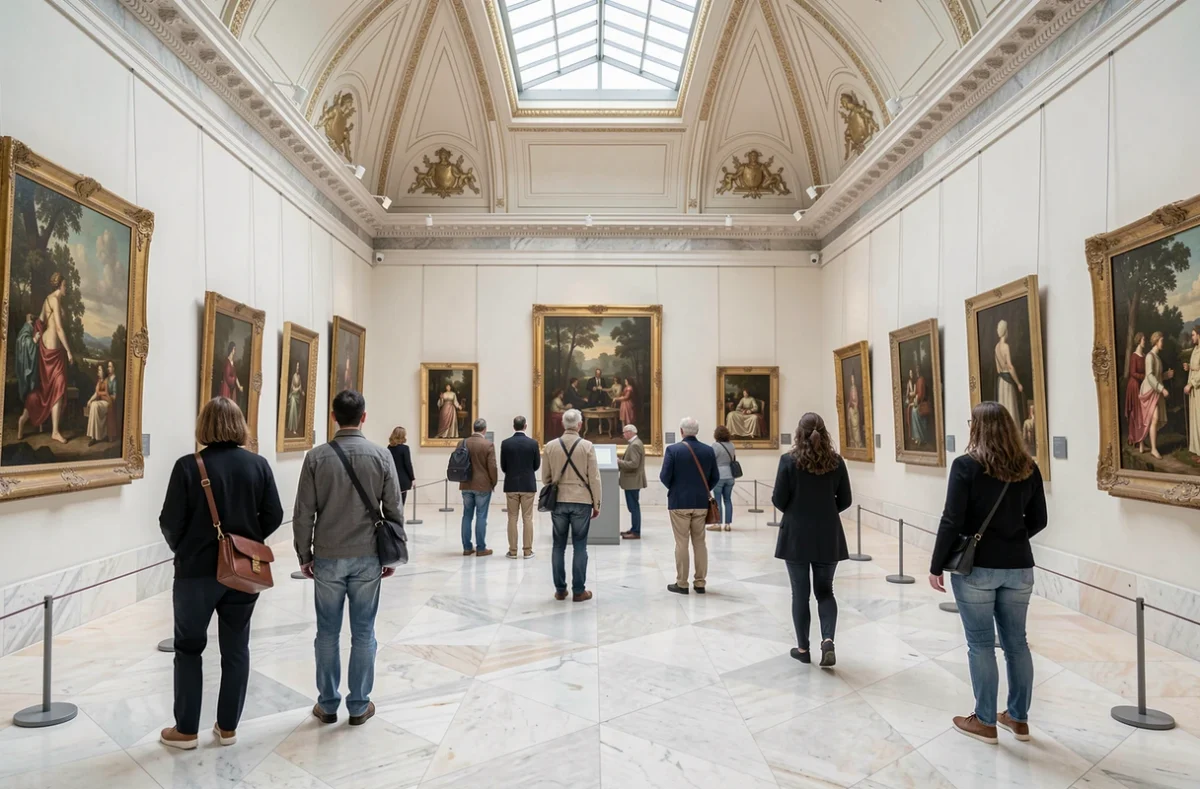 Salle lumineuse d'un musée parisien avec des visiteurs de dos