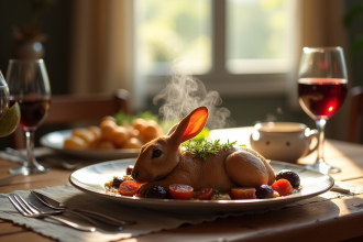 Table rustique avec plat de lapin aux prunes et vin rouge