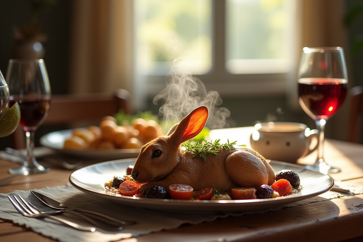 Table rustique avec plat de lapin aux prunes et vin rouge