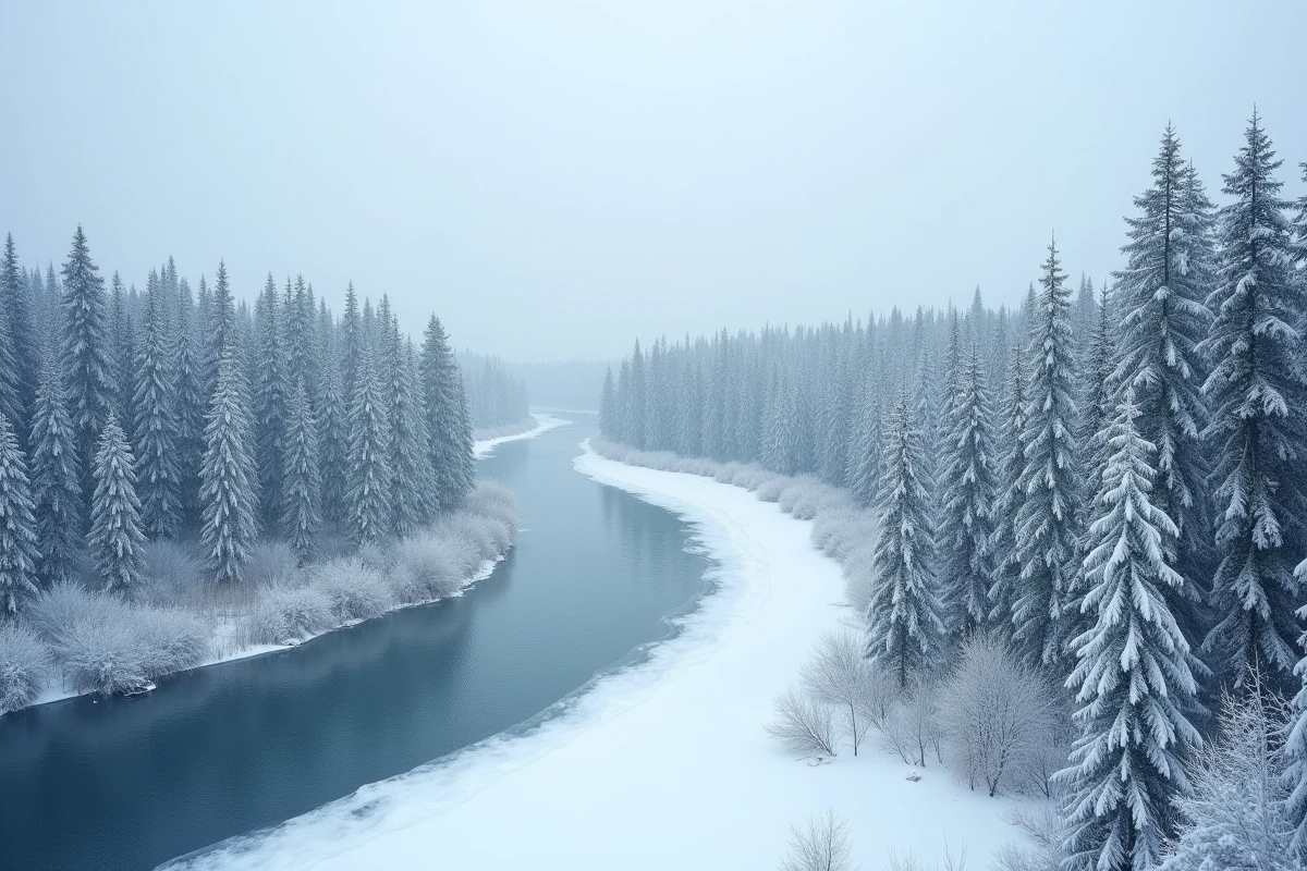 Paysage immense de la taïga sibérienne enneigée avec une rivière gelée illustrant l'étendue territoriale de la Russie, plus grand pays du monde