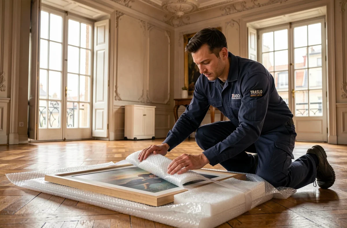 Déménageur Traslo Service Limited emballant une œuvre d'art dans un appartement bourgeois de Metz