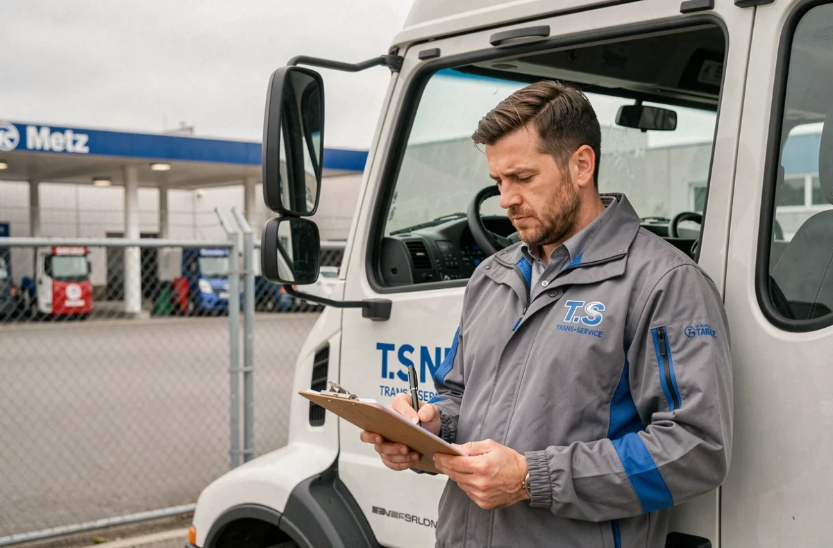 Chauffeur T.S Trans-Service remplissant des documents devant son camion longue distance à Metz