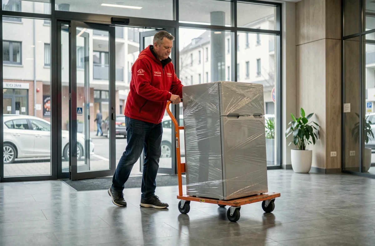 Déménageur Vaglio Déménagement transportant un réfrigérateur dans le hall d'un immeuble à Metz