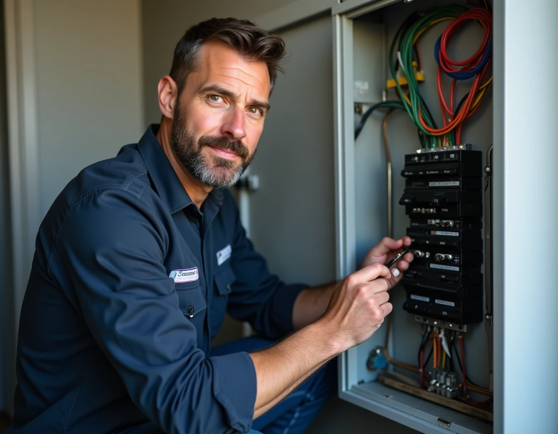 Artisan électricien reconnu travaillant sur un tableau électrique résidentiel dans une buanderie propre et organisée