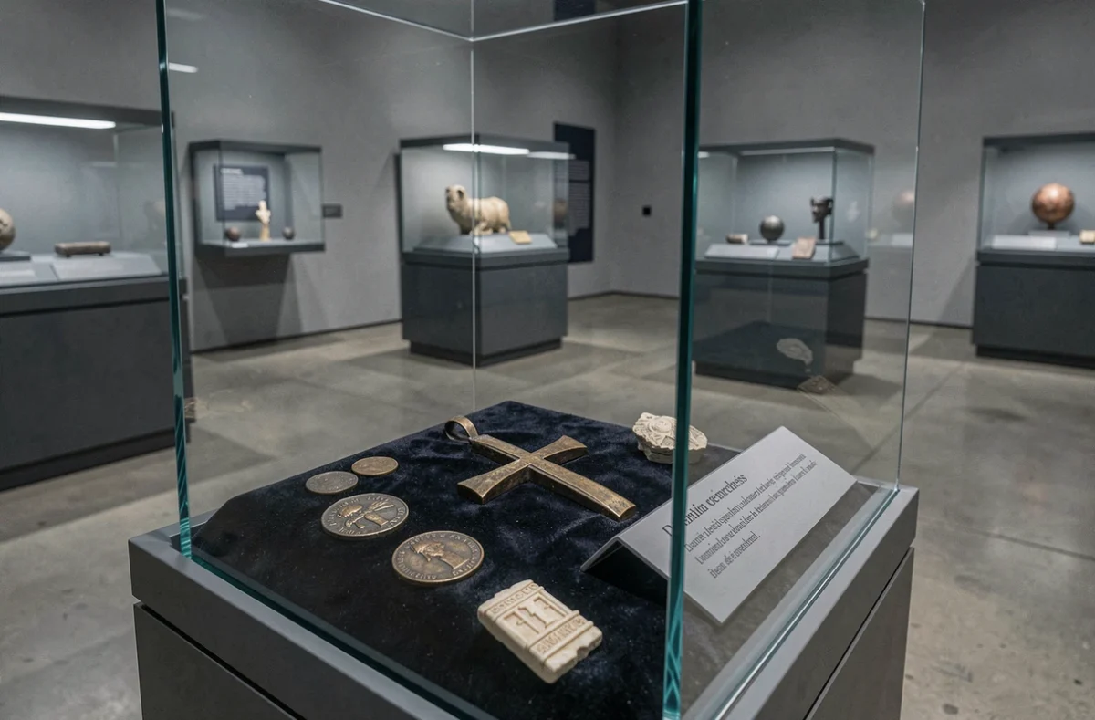 Vitrine de musée exposant une croix de Lorraine en bronze et des artefacts médiévaux avec des cartels explicatifs en français